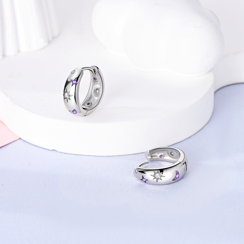 Elegant 925 Silver Purple Rainbow and Stars Earrings